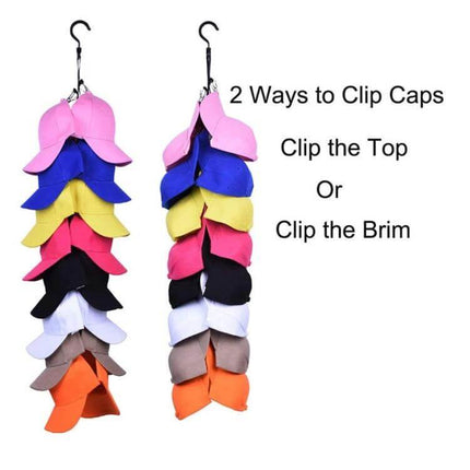 16-Clip Hanging Rope Closet Organizer For Clothes And Accessories hanging two stacks of colorful baseball caps clipped by top or brim to save closet space