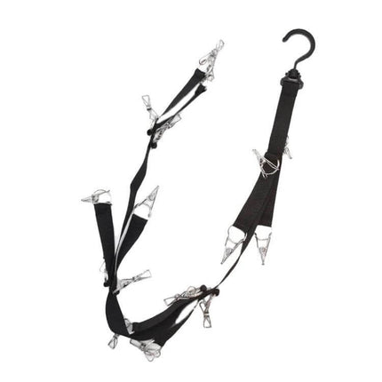 16-Clip Hanging Rope Closet Organizer For Clothes And Accessories - black nylon with metal clips, hook for hanging scarves, socks, belts (compact space saver)