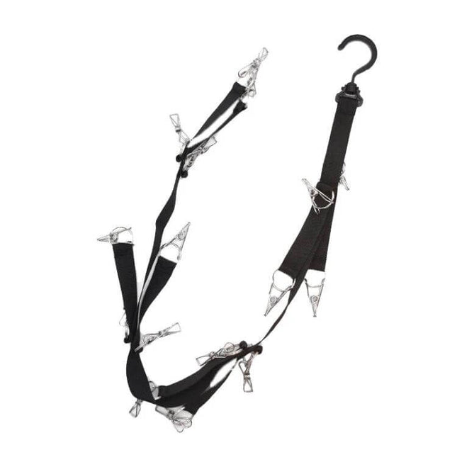 16-Clip Hanging Rope Closet Organizer For Clothes And Accessories - black nylon with metal clips, hook for hanging scarves, socks, belts (compact space saver)