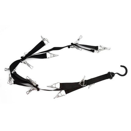 16-Clip Hanging Rope Closet Organizer For Clothes And Accessories - black nylon with metal clips, space-saving wardrobe hanger for hats, scarves, belts