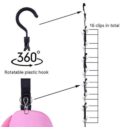 16-Clip Hanging Rope Closet Organizer For Clothes And Accessories - nylon webbing with 16 metal clips and rotatable 360° hook for small items