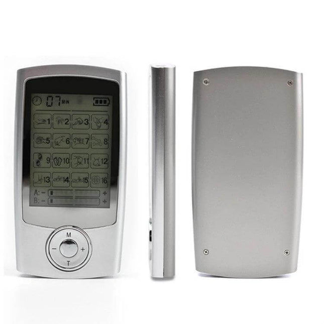 16-Mode Digital Pulse Massager For Muscle Relief And Recovery compact silver dual-pad device for home and travel