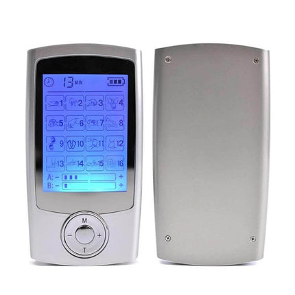 16-Mode Digital Pulse Massager For Muscle Relief And Recovery compact silver device with blue LCD showing 16 modes and control buttons