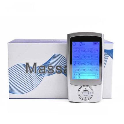 16-Mode Digital Pulse Massager For Muscle Relief And Recovery compact device with box, blue LCD display showing therapy modes