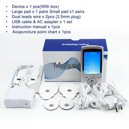 16-Mode Digital Pulse Massager For Muscle Relief And Recovery – compact device kit with pads, wires, USB cable and adaptor for home muscle therapy