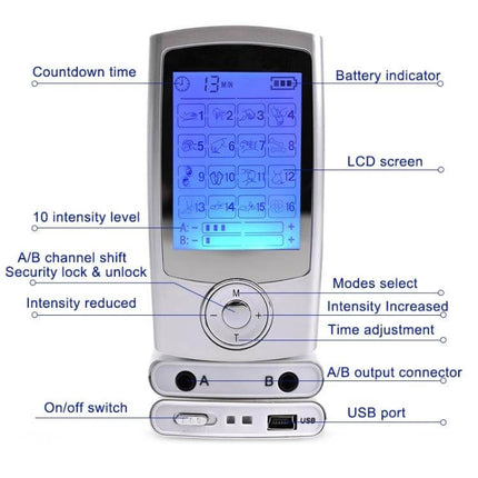 16-Mode Digital Pulse Massager For Muscle Relief And Recovery compact device with LCD screen, intensity levels, A/B outputs, USB port for home and travel
