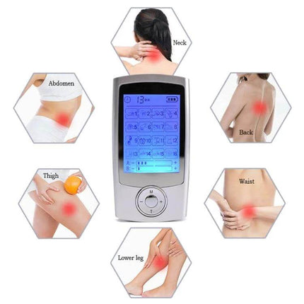 16-Mode Digital Pulse Massager For Muscle Relief And Recovery - compact device pictured with neck back waist thigh abdomen and lower leg usage