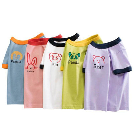 Girls' Short-Sleeved Round Neck T-Shirt with Cute Animal Print showing colorful animal designs (penguin, rabbit, pig, panda, bear) for girls