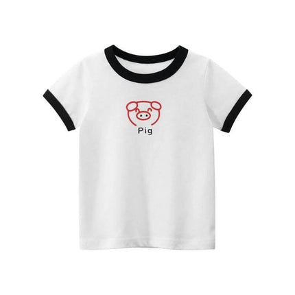 Girls' Short-Sleeved Round Neck T-Shirt with Cute Animal Print - white ringer tee with red pig graphic and moisture-wicking fabric for active play