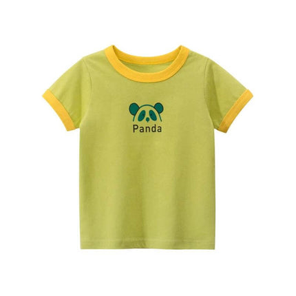 Girls' Short-Sleeved Round Neck T-Shirt with Cute Animal Print - green ringer tee with panda face print, moisture-wicking casual top for girls
