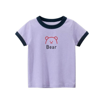 Girls' Short-Sleeved Round Neck T-Shirt with Cute Animal Print - lavender kids tee with playful bear graphic, moisture-wicking casual top for school and play