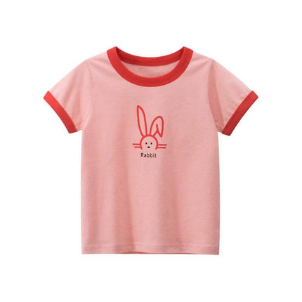 Girls' Short-Sleeved Round Neck T-Shirt with Cute Animal Print — pink moisture-wicking kids tee with red trim and rabbit print