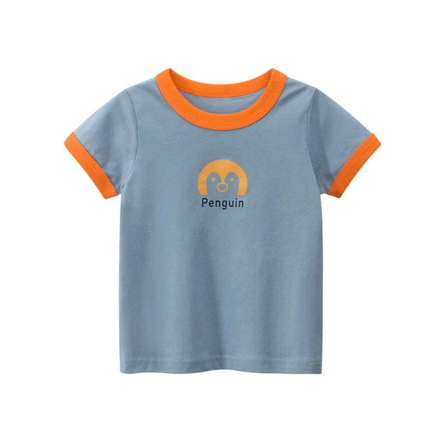 Girls' Short-Sleeved Round Neck T-Shirt with Cute Animal Print - blue ringer tee with orange trim and penguin graphic, moisture-wicking for playtime
