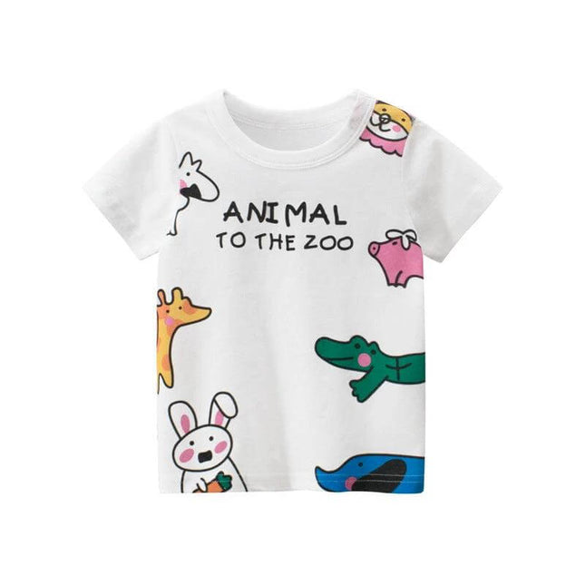 Girls' Cotton Short Sleeved T-Shirt for Daily Wear - white kids tee with colorful animal zoo prints, breathable 100% cotton for play and school
