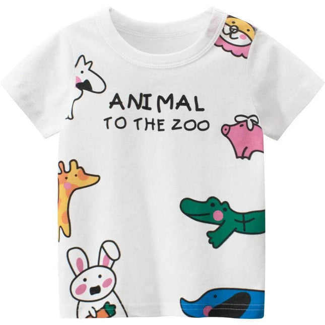 Girls' Cotton Short Sleeved T-Shirt for Daily Wear - white kids tee with zoo animal print (giraffe, crocodile, rabbit)