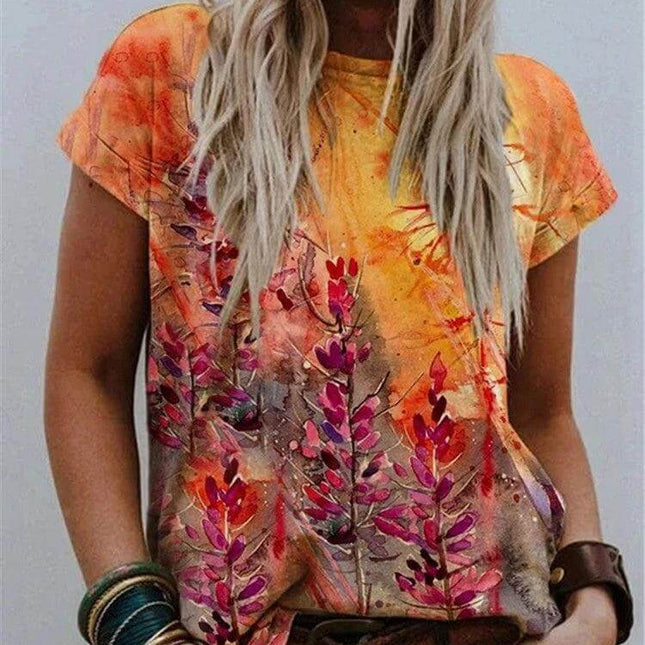 Comfortable Crew Neck T-Shirt with Abstract Graphic Print for Casual Wear - women's orange floral abstract print polyester blend tee