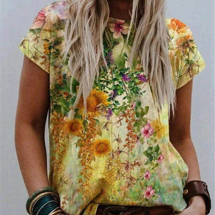 Comfortable Crew Neck T-Shirt with Abstract Graphic Print for Casual Wear - floral yellow polyester blend casual tee