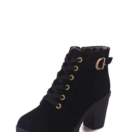 Women's Martin Boots Thick High Heel Casual Round Toe Ankle black PU ankle boot with lace-up, buckle detail and non-slip rubber sole