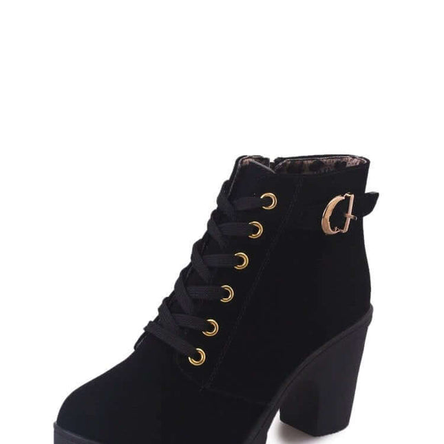 Women's Martin Boots Thick High Heel Casual Round Toe Ankle black PU ankle boot with lace-up, buckle detail and non-slip rubber sole