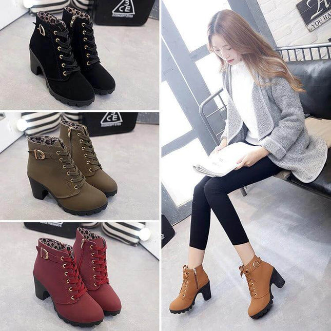 Women's Martin Boots Thick High Heel Casual Round Toe Ankle black olive red tan lace-up PU ankle boots with non-slip rubber sole