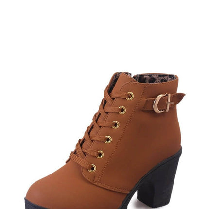 Women's Martin Boots Thick High Heel Casual Round Toe Ankle in brown artificial PU with lace-up front, buckle detail and non-slip rubber sole