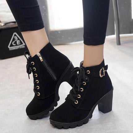 Women's Martin Boots Thick High Heel Casual Round Toe Ankle black PU ankle boots with round toe, thick high heel, non-slip rubber sole for city walking