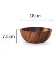 Handcrafted acacia wood bowl with dimensions 18cm diameter and 7.5cm height, perfect for elegant tableware and dining.