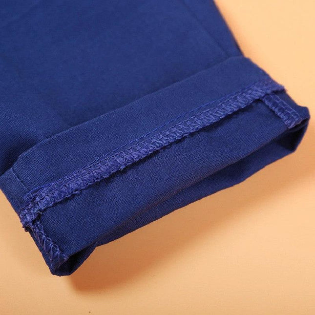 Boys' Casual Suit Set with Vest and Tie for Everyday Wear - close-up of navy blue pants cuff and stitching on breathable 80% cotton leg