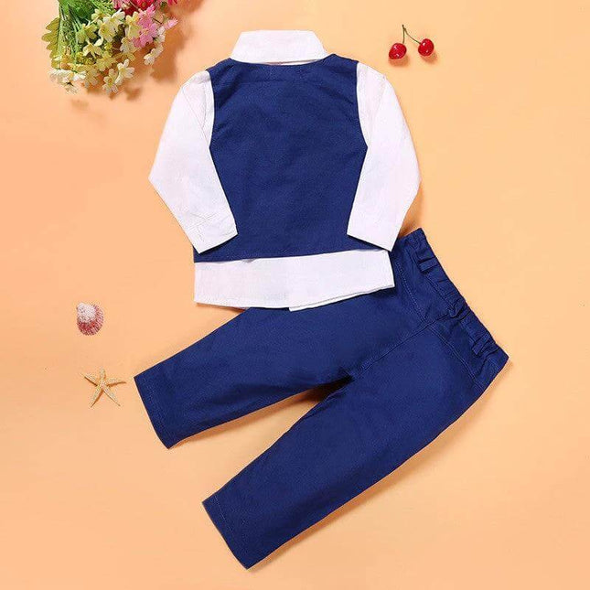 Boys' Casual Suit Set with Vest and Tie for Everyday Wear - navy vest, white turtleneck, tie and pants in breathable 80% cotton for spring and autumn events