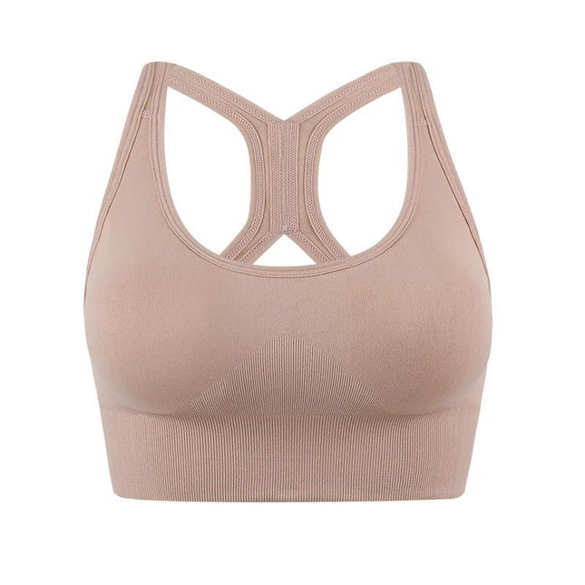 Women's Large Size Adjustable Sports Bra for Yoga and Fitness in seamless beige racerback for comfortable support