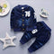 Bibicola Boys Denim Long Sleeve Casual Suit Two Piece Set navy cotton denim top and pants with number 76 for toddler