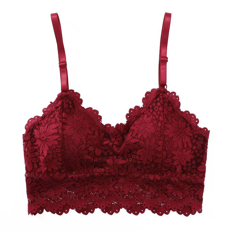 Lace Embroidered Wireless Bra with Chest Pads in Burgundy Red - Comfort and Elegance for Young Women