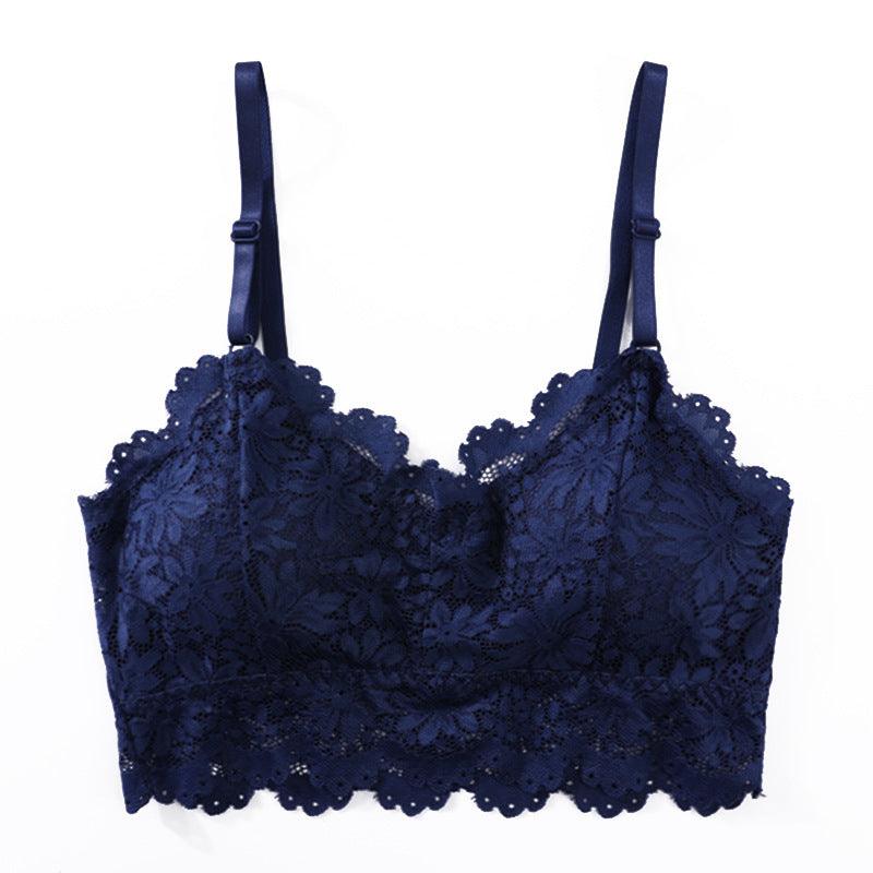 Lace Embroidered Wireless Bra with Chest Pads in Navy Blue for Comfort and Elegance