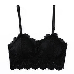 Black lace embroidered wireless bra with chest pads for young women, combining comfort and elegance, featuring adjustable straps.