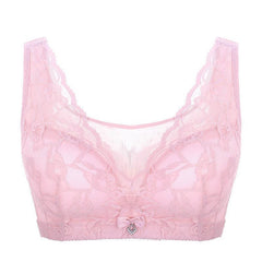 Light pink full coverage bra with lace edge and decorative bowknot, providing comfort and style.