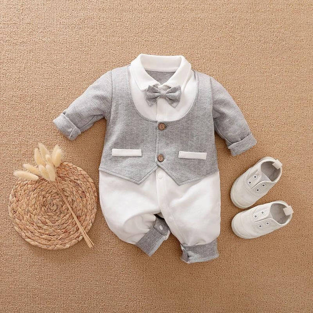 Soft Cotton Gentleman's Long-Sleeved Baby Romper for Daily Wear - grey and white gentleman-style cotton romper with bow tie and matching shoes