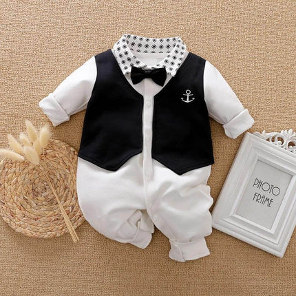 Soft Cotton Gentleman's Long-Sleeved Baby Romper for Daily Wear in black vest style with bow tie, breathable cotton for comfortable everyday infant wear