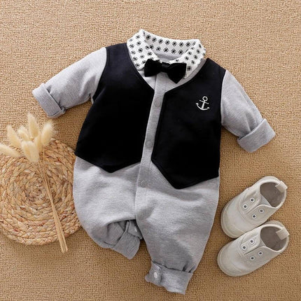 Soft Cotton Gentleman's Long-Sleeved Baby Romper for Daily Wear in gray with black vest detail, bow tie and anchor emblem on textured background