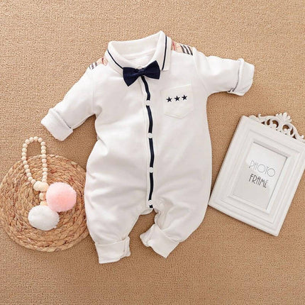 Soft Cotton Gentleman's Long-Sleeved Baby Romper for Daily Wear - white cotton infant romper with navy bow tie and pocket stars
