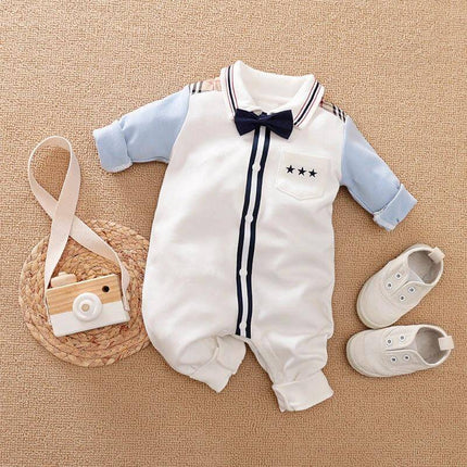 Soft Cotton Gentleman's Long-Sleeved Baby Romper for Daily Wear - white and blue gentleman-style romper with bow tie and pocket