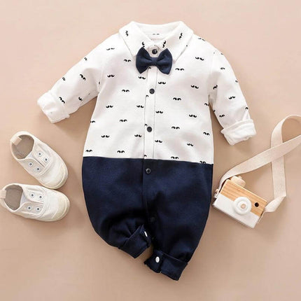 Soft Cotton Gentleman's Long-Sleeved Baby Romper for Daily Wear - white and navy gentleman-style long-sleeved cotton infant romper with bow tie