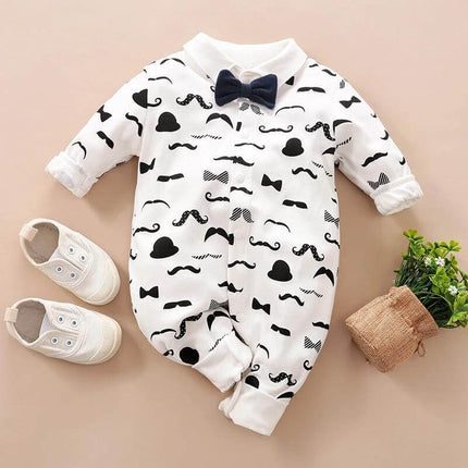 Soft Cotton Gentleman's Long-Sleeved Baby Romper for Daily Wear - white cotton infant romper with black gentleman print and navy bow tie