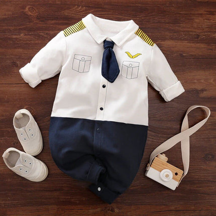 Soft Cotton Gentleman's Long-Sleeved Baby Romper for Daily Wear - white and navy gentleman-style romper with tie, breathable cotton for everyday comfort
