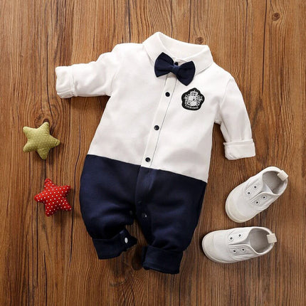 Soft Cotton Gentleman's Long-Sleeved Baby Romper for Daily Wear - white and navy gentleman-style cotton infant romper with bow tie