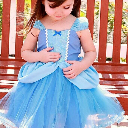 Lightweight Cotton Girls' Princess Dress for Spring and Summer Wear, Ages 3-8 blue tulle princess dress for girls on bench, sizes 3-8
