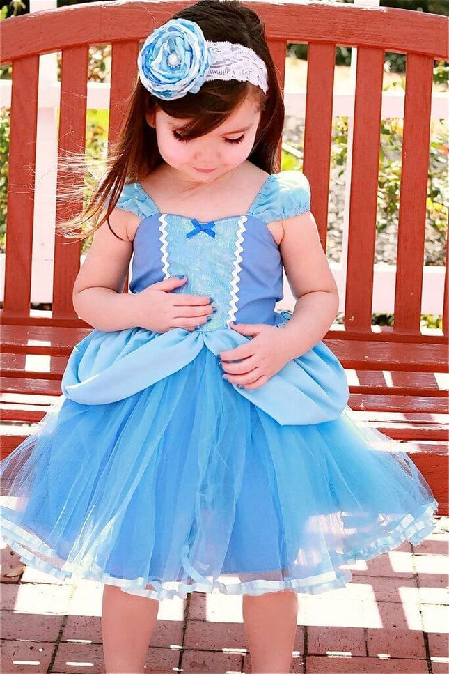 Lightweight Cotton Girls' Princess Dress for Spring and Summer Wear, Ages 3-8 blue tulle princess dress for girls on bench, sizes 3-8