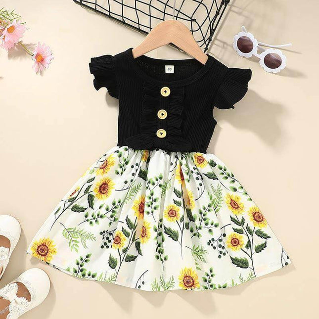 Sleeveless Summer Dress for Toddler and Baby Girls in Assorted Colors - black top with sunflower print skirt, comfortable play outfit