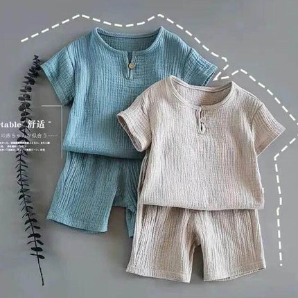 Comfortable Unisex Cotton Short-Sleeved Baby Summer Outfit for Toddlers breathable two-piece plain casual set in blue and beige for active toddlers