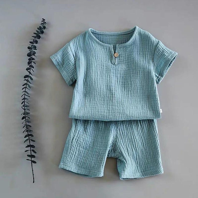 Comfortable Unisex Cotton Short-Sleeved Baby Summer Outfit for Toddlers in light blue two-piece breathable cotton set
