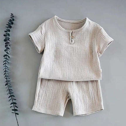 Comfortable Unisex Cotton Short-Sleeved Baby Summer Outfit for Toddlers beige two-piece breathable cotton set for everyday play